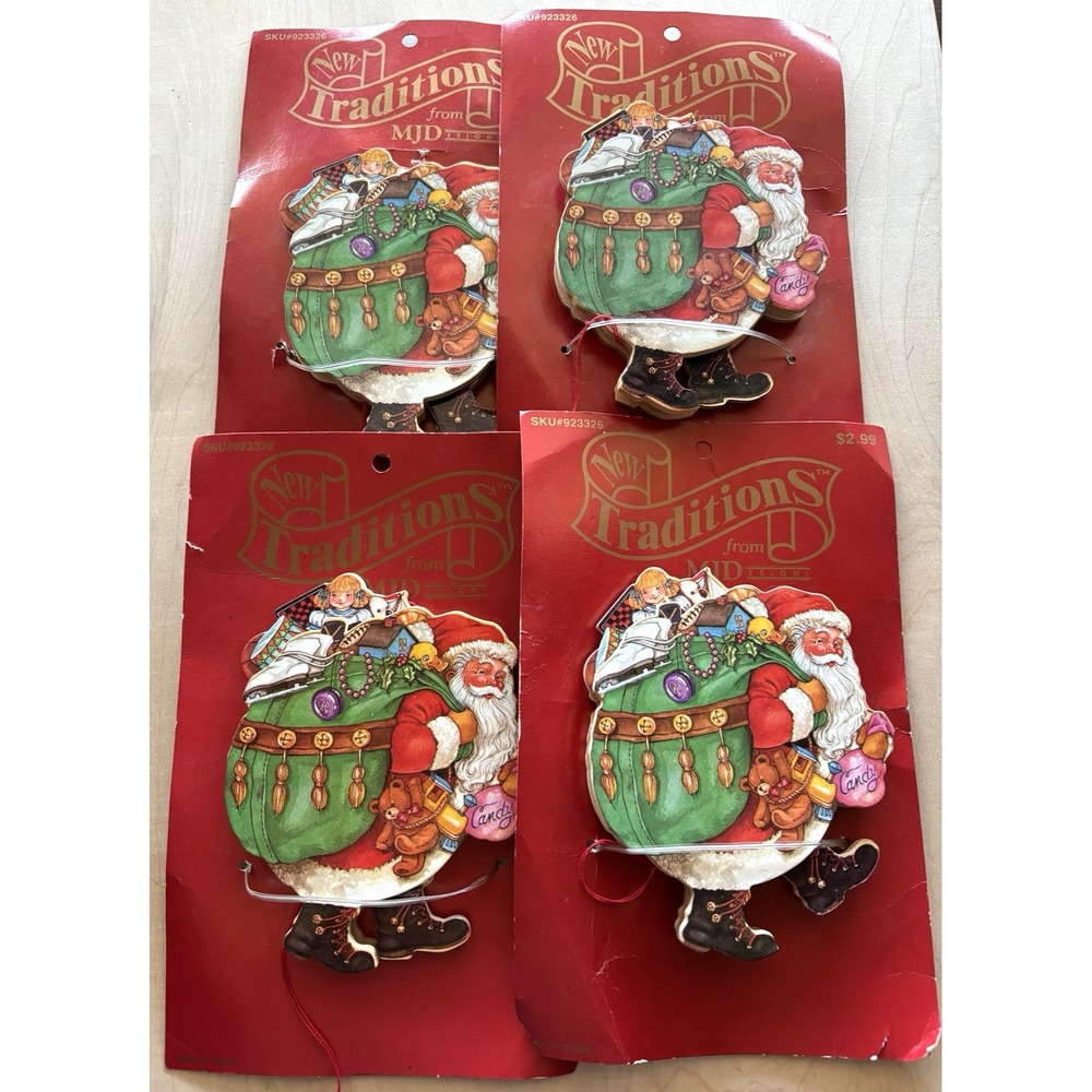 Vtg MJD Wooden Pull String Christmas Ornament LOT Of 4 NWT Santa & Toy Bag 6"